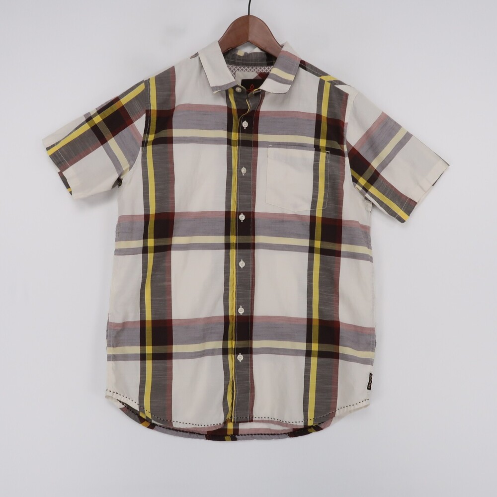 Prana Shirt Mens M White Brown Plaid Short Sleeve Button‎ Up Organic Cotton